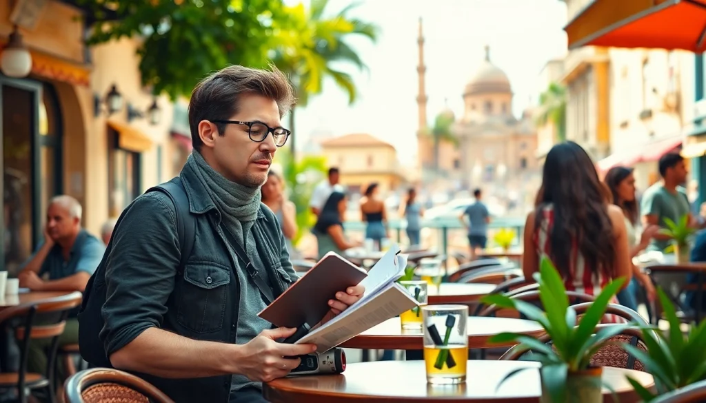 Observe https://travelingossip.com engaging travel journalist capturing local stories in a vibrant café.