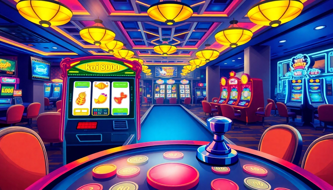 Bermain koi800 game dengan antarmuka permainan yang penuh warna dan suasana kasino yang hidup.