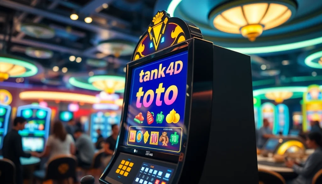 Menampilkan permainan slot digital tank4d toto slot dengan latar belakang kasino yang penuh warna.