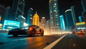 Engaging action-packed thriller car chase through a vibrant city night scene.