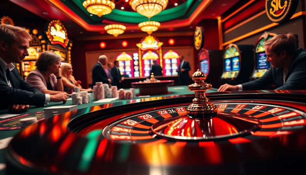 Explore the dynamic action at KJC AC casino, featuring players engaged around a roulette table with vibrant colors.