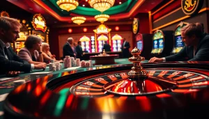 Explore the dynamic action at KJC AC casino, featuring players engaged around a roulette table with vibrant colors.