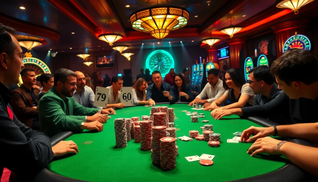 79king players celebrate a winning poker hand at a casino table full of chips.