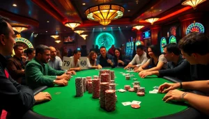79king players celebrate a winning poker hand at a casino table full of chips.