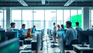 Collaboration scene among IT Companies professionals in a modern office setting.