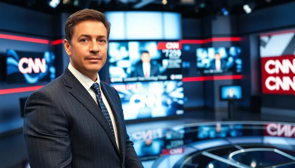 Engaging news anchor delivering CNN Live Stream insights in a modern studio.