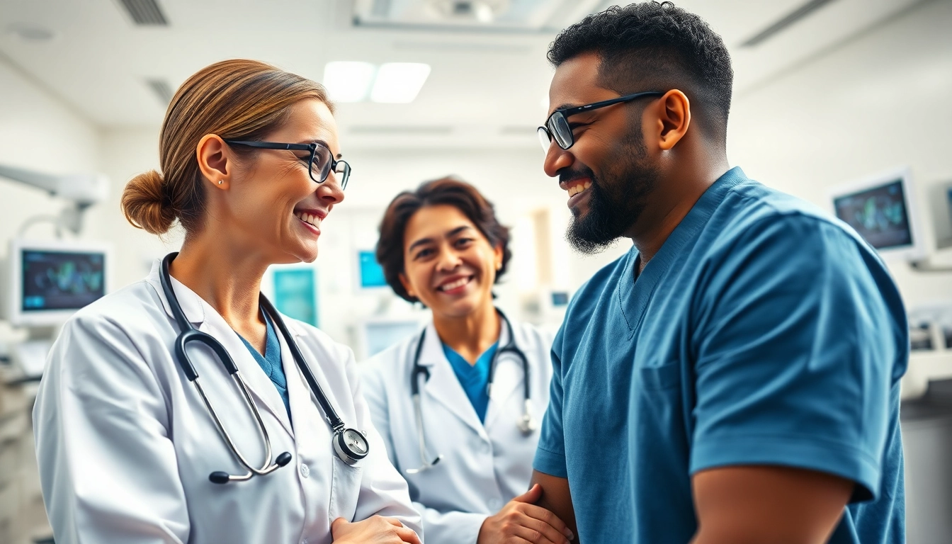 Bezoeker van https://tweestedenziekenhuis.nl communiceert met zorgverlener in moderne ziekenhuisomgeving.