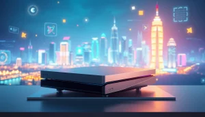 Showcasing an innovative gaming console set in a futuristic landscape at https://www.trilgameshproject.com.