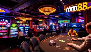 mm88 casino enthusiasts celebrating their winnings at a vibrant live poker table with colorful chips and cards.