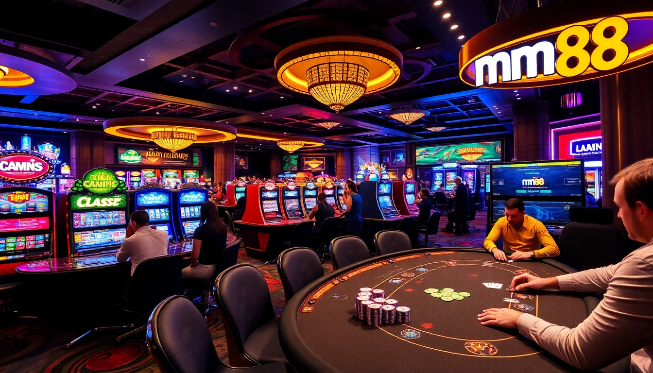 mm88 casino enthusiasts celebrating their winnings at a vibrant live poker table with colorful chips and cards.