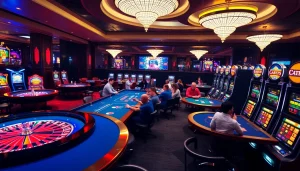 Exciting casino environment showcasing dice, poker tables, and KJC AC branding, emphasizing the thrill of online gambling.