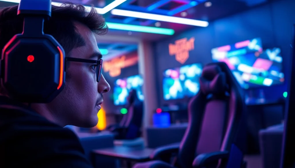Explore thrilling gaming with a focused player at https://mega888tm.club, showcasing a vibrant lounge atmosphere.