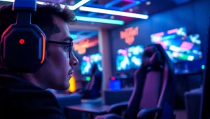 Explore thrilling gaming with a focused player at https://mega888tm.club, showcasing a vibrant lounge atmosphere.