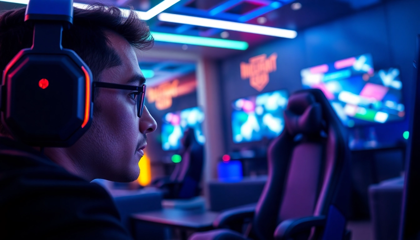 Explore thrilling gaming with a focused player at https://mega888tm.club, showcasing a vibrant lounge atmosphere.