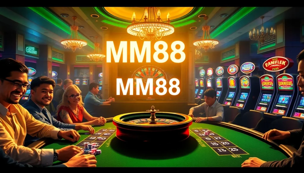 MM88 welcomes players to an exciting poker table amidst a vibrant casino ambiance, featuring energetic players and a roulette wheel.