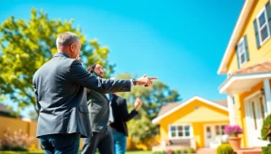 Engaging real estate agent presenting a charming home to prospective buyers.