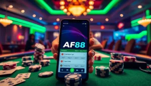 AF88 gambling app interface on smartphone amidst gaming elements like cards and chips.