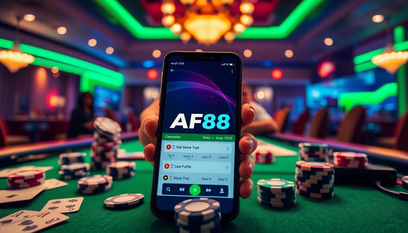 AF88 gambling app interface on smartphone amidst gaming elements like cards and chips.