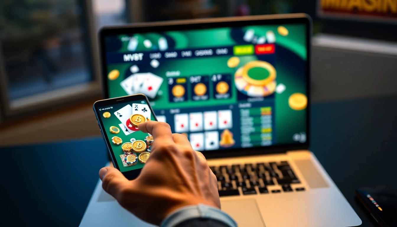 MV88 online betting platform displayed on smartphone and laptop, conveying a modern and trustworthy gambling experience.