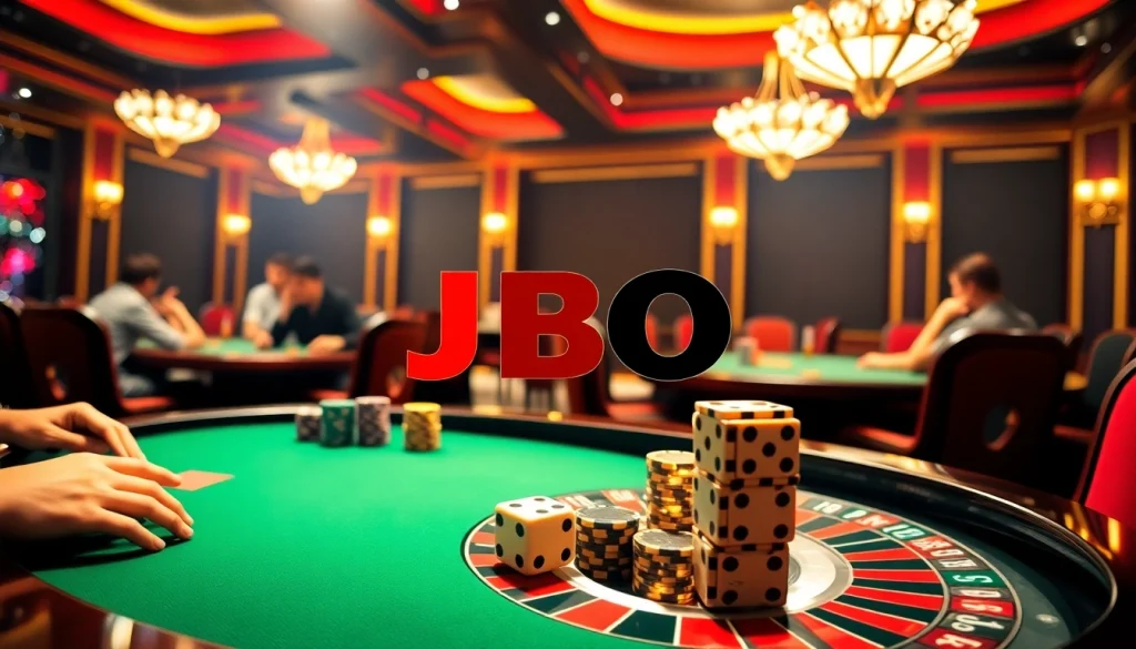 JBO brand logo displayed within an exciting casino scene featuring roulette and poker activities.