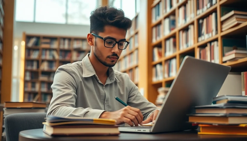 Redactează lucrare licenta cu atenție într-o bibliotecă modernă, înconjurată de cărți.