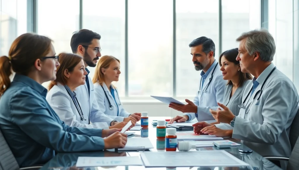 Illustration of researchers discussing the ADAPTABLE Aspirin Study in a modern setting.