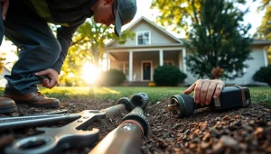 Sewer repair durham expert assessing plumbing with professional tools in a residential area.