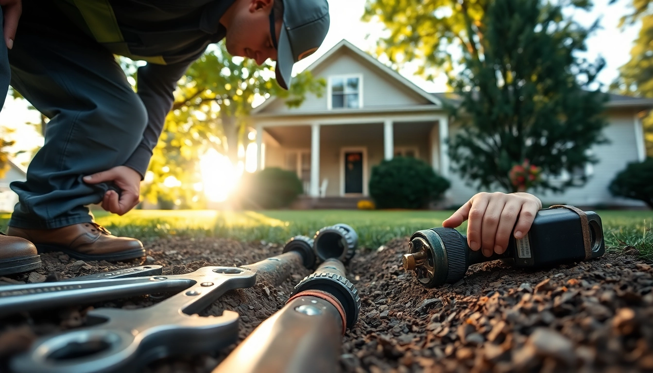 Sewer repair durham expert assessing plumbing with professional tools in a residential area.