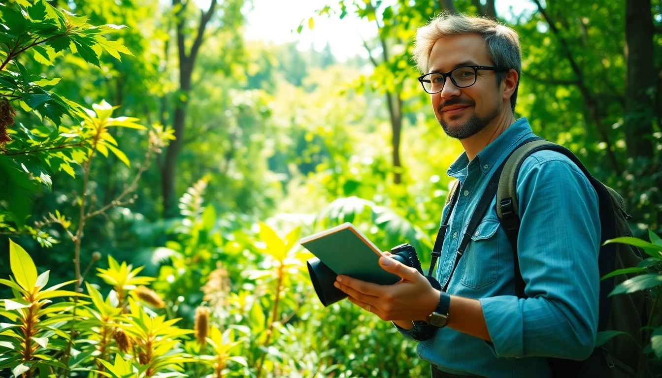 Capture the spirit of sustainability at https://www.unsustainablemagazine.com with a journalist in a lush forest.