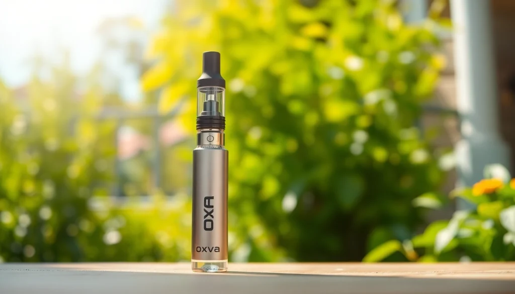 Genießen Sie Oxva Liquid in einer stilvollen Vape-Pen-Präsentation mit fröhlichem Gartenhintergrund.