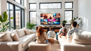 Family enjoying entertainment on iron tv pro in a cozy living room setting.