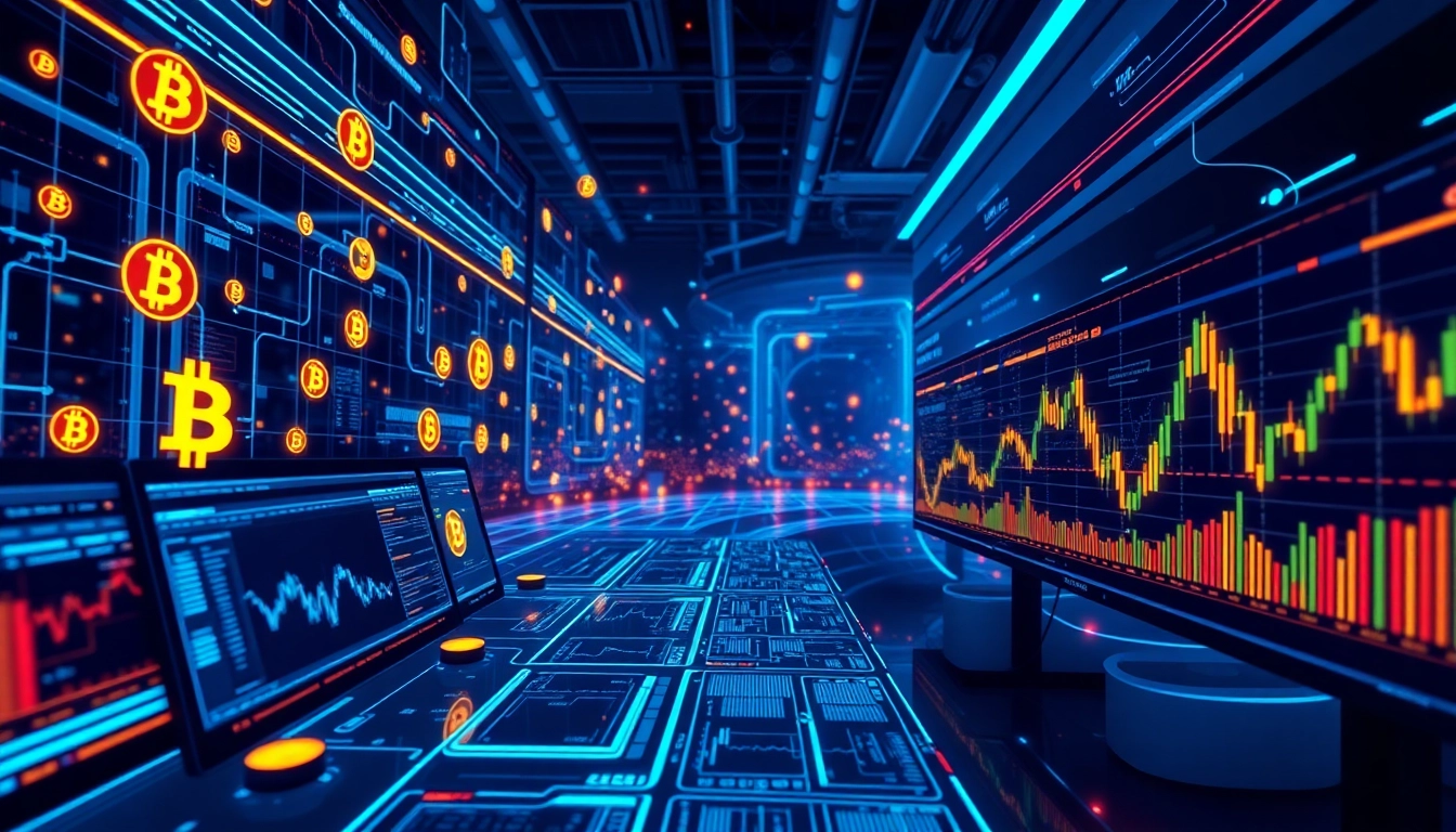 Cryptocurrency visual depicting Bitcoin trading, blockchain network, digital wallets, and market analysis charts.
