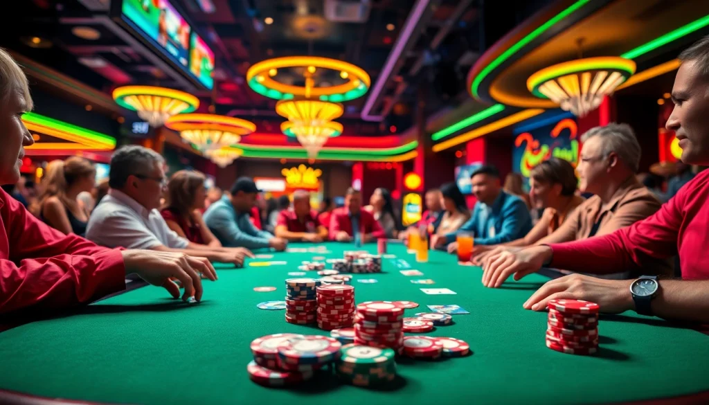 Experience the thrill of mm 88 at a vibrant poker table, showcasing colorful chips and dynamic players.