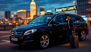 Nottingham to Heathrow Taxi showcasing a professional driver and a luxurious vehicle against a city skyline.