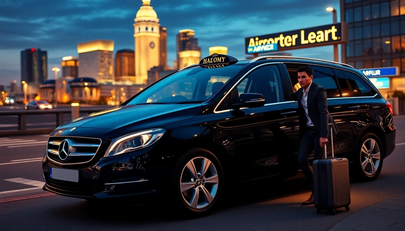 Nottingham to Heathrow Taxi showcasing a professional driver and a luxurious vehicle against a city skyline.
