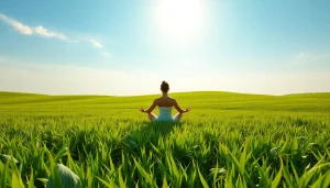 Menggambarkan praktik 'suletoto' dengan yoga di tengah alam yang damai dan sejuk.