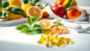 Showcasing supplements to lose belly fat with natural ingredients and vibrant fruit background.