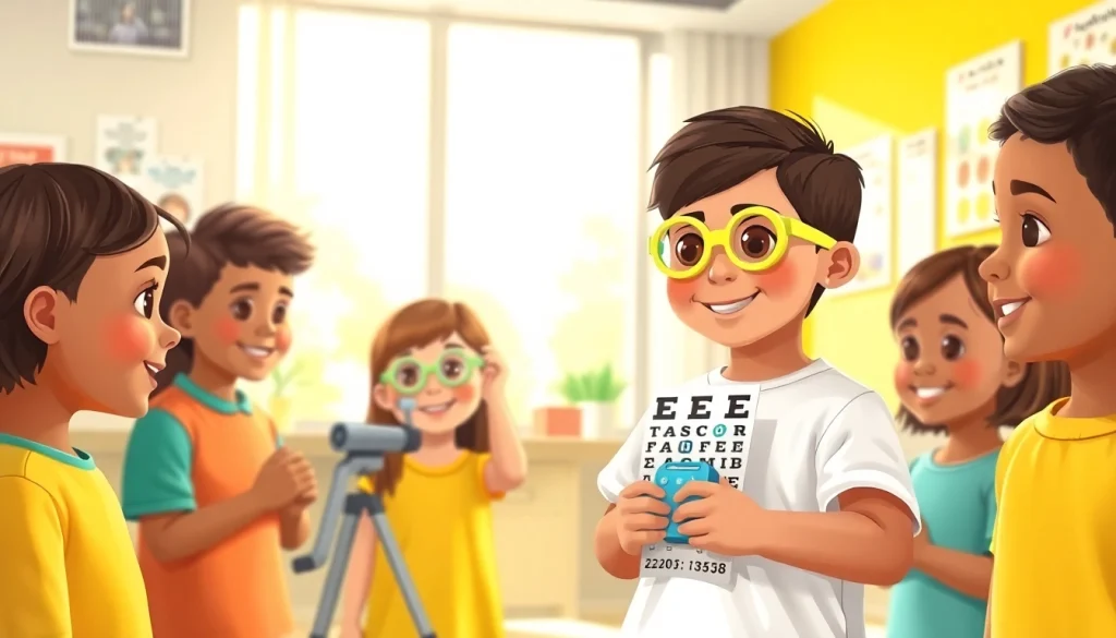 Showcasing Our Children's Vision through diverse children engaging with eye care resources in a welcoming clinic.