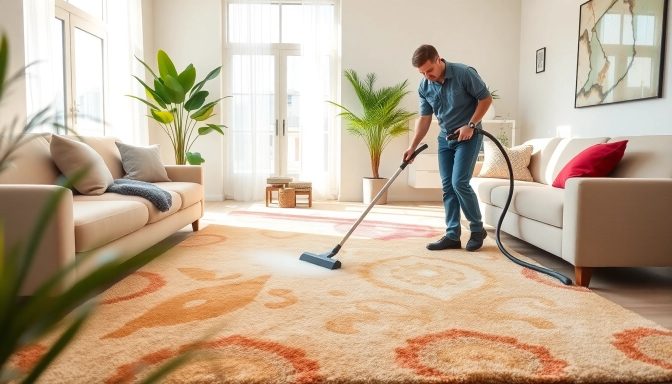 Experience premium carpet cleaning Dubai with a professional technician in a bright, modern living room.