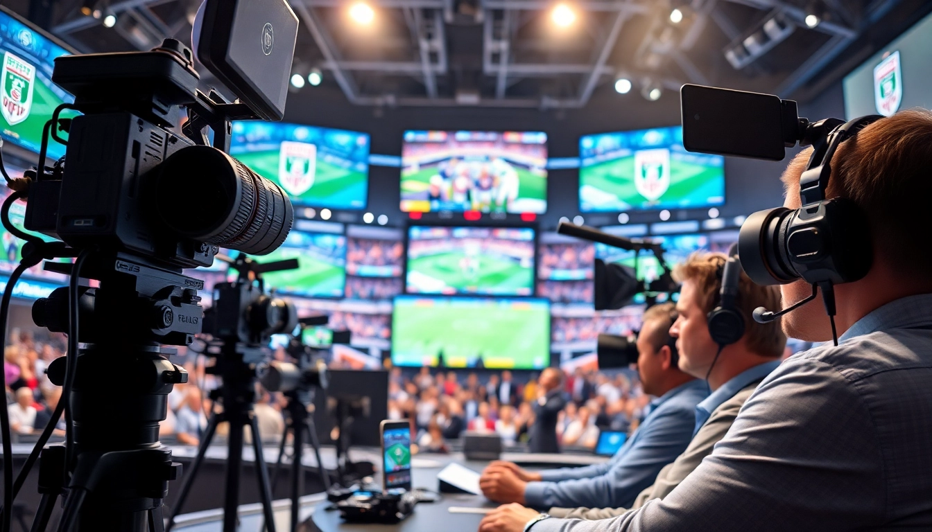 스포츠중계 전문가가 방송하는 현대적인 스튜디오 장면