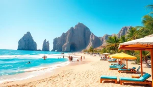 Cabo San Lucas travel beach scene showcasing the stunning coastline and sunlit cabanas.