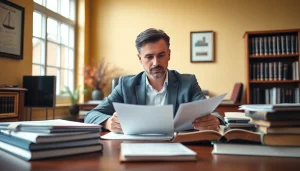 Reviewing legal documents at https://www.fisher-wilsey-law.com in a professional office setting.