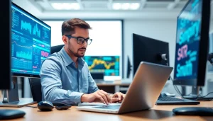 Providing computer it support with a professional technician fixing a laptop in an engaging office.