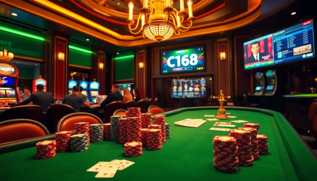 C168 ignites excitement at a luxurious poker table with vibrant chips and cards in play.