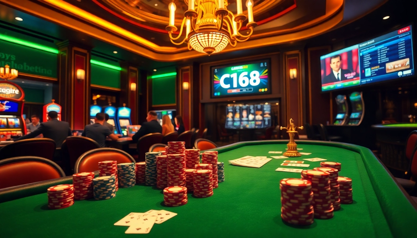 C168 ignites excitement at a luxurious poker table with vibrant chips and cards in play.
