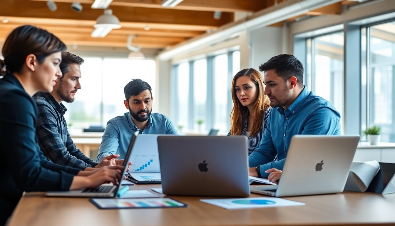 Collaborative QA outsourcing team engaged in software testing in a modern office environment.