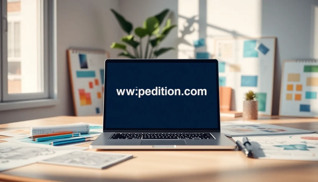 Design workspace featuring the https://wpedition.com interface on a laptop with colorful sketches.