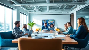 Team collaborating on digital marketing strategy at https://mm88bc.com/ in a bright office atmosphere.