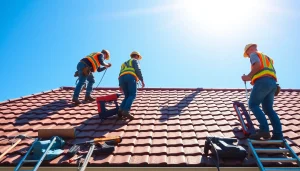 Install new roofing by Twin Shield Roofing on a bright sunny day, showcasing skilled teamwork.