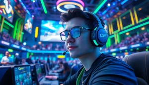 Jentoto: Gamer beraksi dalam arena esports yang ramai dengan peralatan gaming canggih.